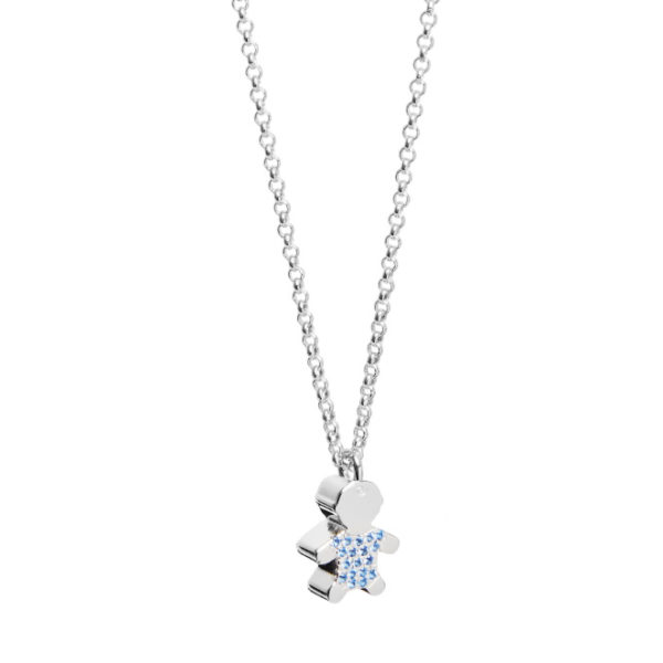 Collana, Bambino 3D con zirconi azzurri.